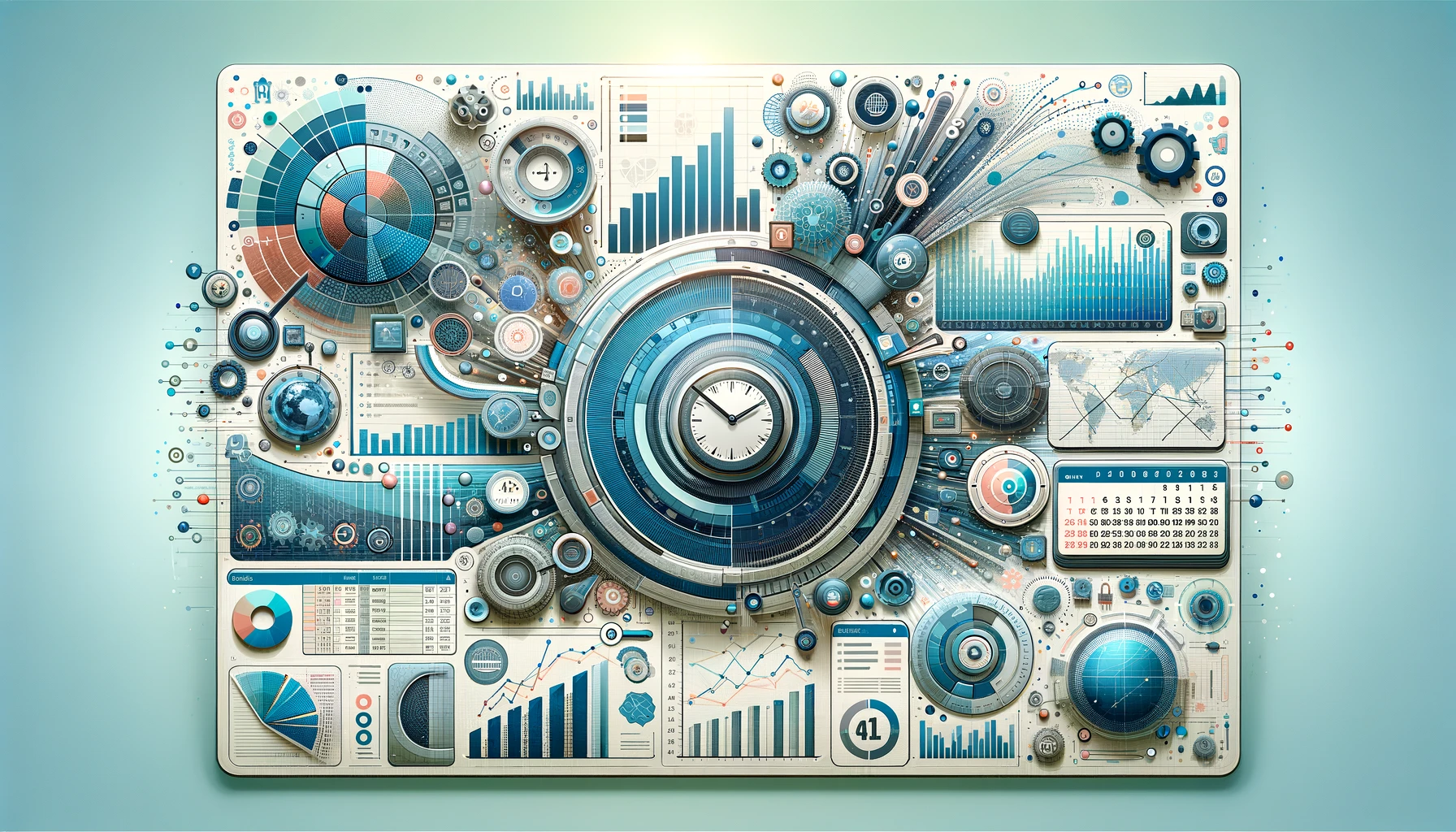 A wide banner image for a blog post titled 'Streamlining Data Analysis with Dynamic Date Ranges in BigQuery'. The image should visually represent the concept of data analysis and BigQuery. Include visual elements like graphs, charts, and data points to symbolize the analysis of large data sets. Incorporate a calendar or clock to represent the concept of dynamic date ranges. The background should be abstract and related to technology, with a modern and clean design. Colors should be a mix of blues, greens, and whites to convey a sense of technology and data.