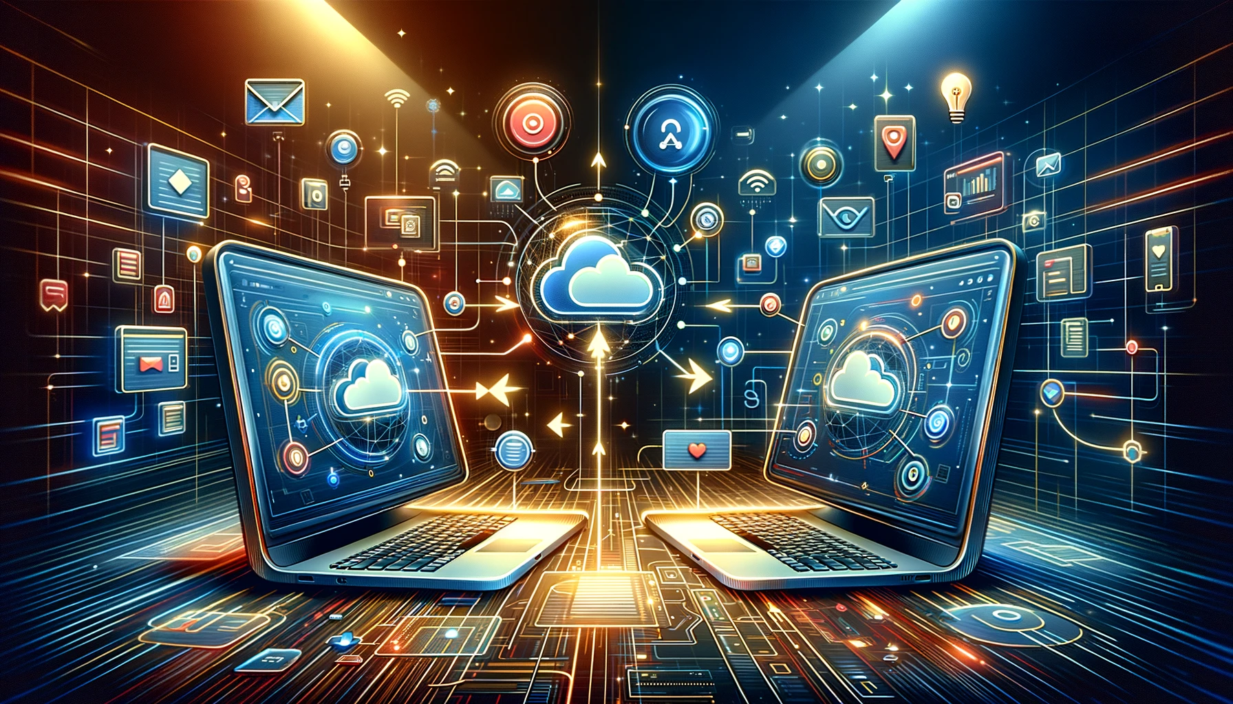 A wide-format illustration showcasing two computers or applications with digital lines connecting them, symbolizing the real-time data exchange through webhooks. The scene includes icons for Google Apps Script and Google Cloud Functions, highlighting the solutions discussed in the context of data exchange and automation. The background is styled to suggest connectivity and data flow, with abstract digital elements and a modern, technology-oriented aesthetic. The image should convey the idea of seamless, real-time communication between different software platforms in a visually engaging way.