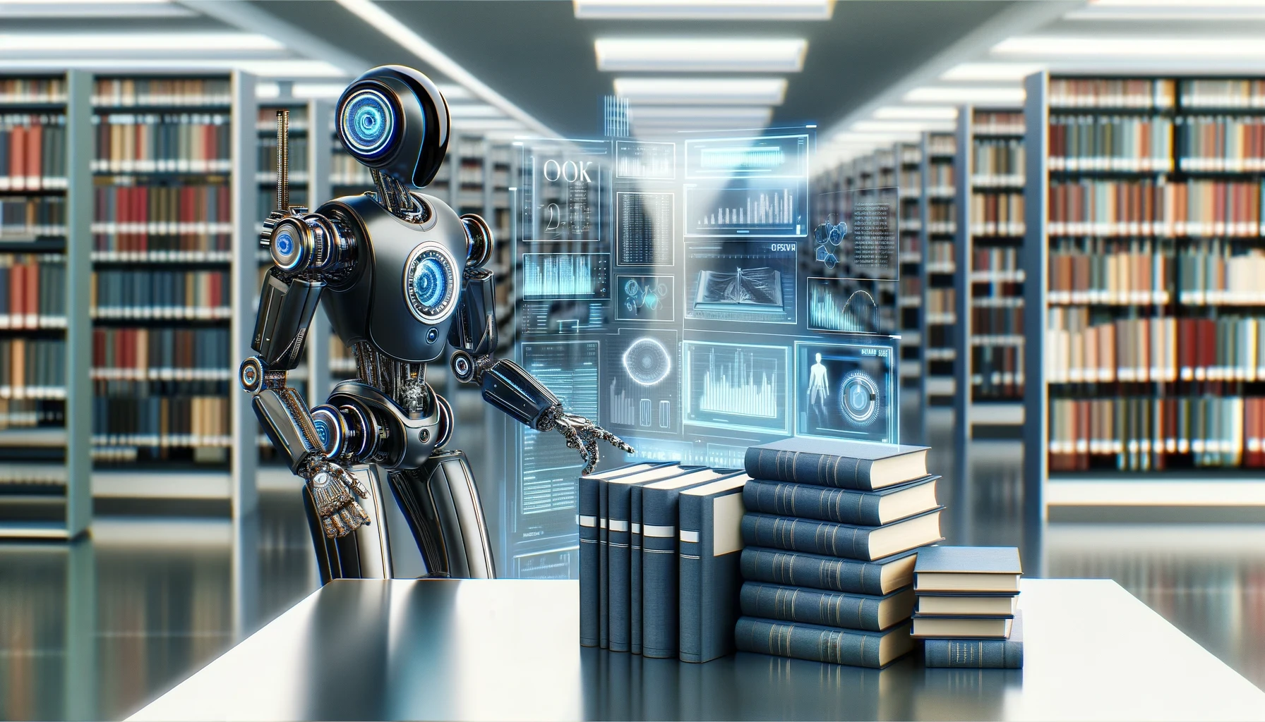 A futuristic library scene with an advanced robotic assistant efficiently cataloging books, updating records, and streamlining tasks. The focus is on the sleek, high-tech robot with legs extending to the ground and a pile of books next to it. The robot is standing with a shorter table next to it. The library has a modern, cutting-edge design with digital interfaces, holographic displays, and a clean, futuristic atmosphere, highlighting the transition from manual to highly automated data engineering processes.