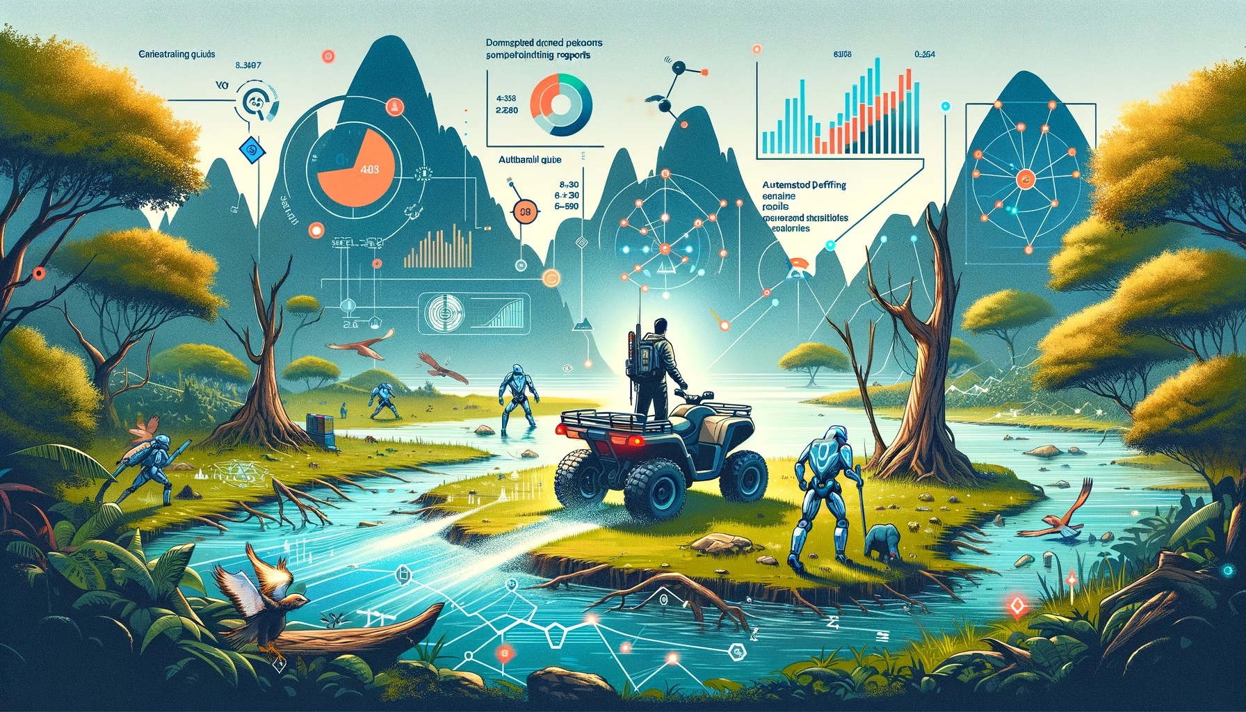 A futuristic illustration of an explorer on a vast uncharted island, using modern tools to aid in their journey. The explorer has a high-tech ATV (representing DuckDB) to quickly traverse the terrain, a team of robotic scouts (automated profiling queries) providing detailed reports, and a holographic guide (ChatGPT) explaining findings in simple terms. The island is filled with dense forests and treacherous swamps, symbolizing complex and poorly documented data. The explorer's goal is to find hidden treasures, representing valuable insights. Incorporate data and charts symbols into the scene, making it dynamic and visually rich, without any text or words.