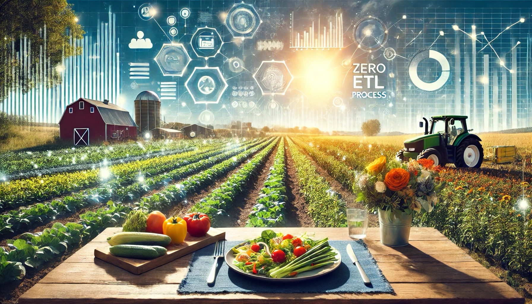 A farm-to-table scene under a sunny and bright sky, blending agriculture and technology. In this version, the farm in the background features crops and fresh vegetables, with abstract data symbols like charts, graphs, and database icons subtly incorporated into the soil and plants. The perspective remains from the table, now set with a great vegetable meal, featuring vibrant farm-fresh produce, symbolizing direct delivery from farm to table. The bright weather enhances the atmosphere, with clear skies and sunlight emphasizing the connection between nature and technology. Data streams and connections flow clearly, symbolizing zero ETL processes.