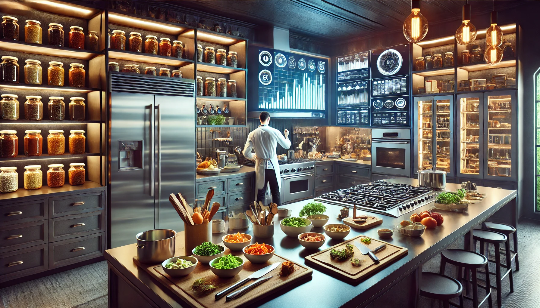 A sleek, professional-grade kitchen filled with gleaming stainless steel appliances and an organized array of culinary tools, with added elements of modern technology. The scene features a spacious countertop with chopping boards, neatly arranged knives, and bowls of fresh, colorful ingredients like vibrant vegetables and spices. On one side, a glowing screen displays data tables and graphs, blending the world of technology and cooking. In the background, there’s a double oven, a gas stovetop with multiple burners, and a refrigerator with a shiny exterior. Overhead, warm pendant lights cast a soft glow, highlighting the meticulous organization of shelves stocked with jars, utensils, and cookbooks. A chef is seen mid-action, precisely plating a gourmet dish, while the screen provides a futuristic touch, symbolizing efficiency and the integration of data with culinary expertise.