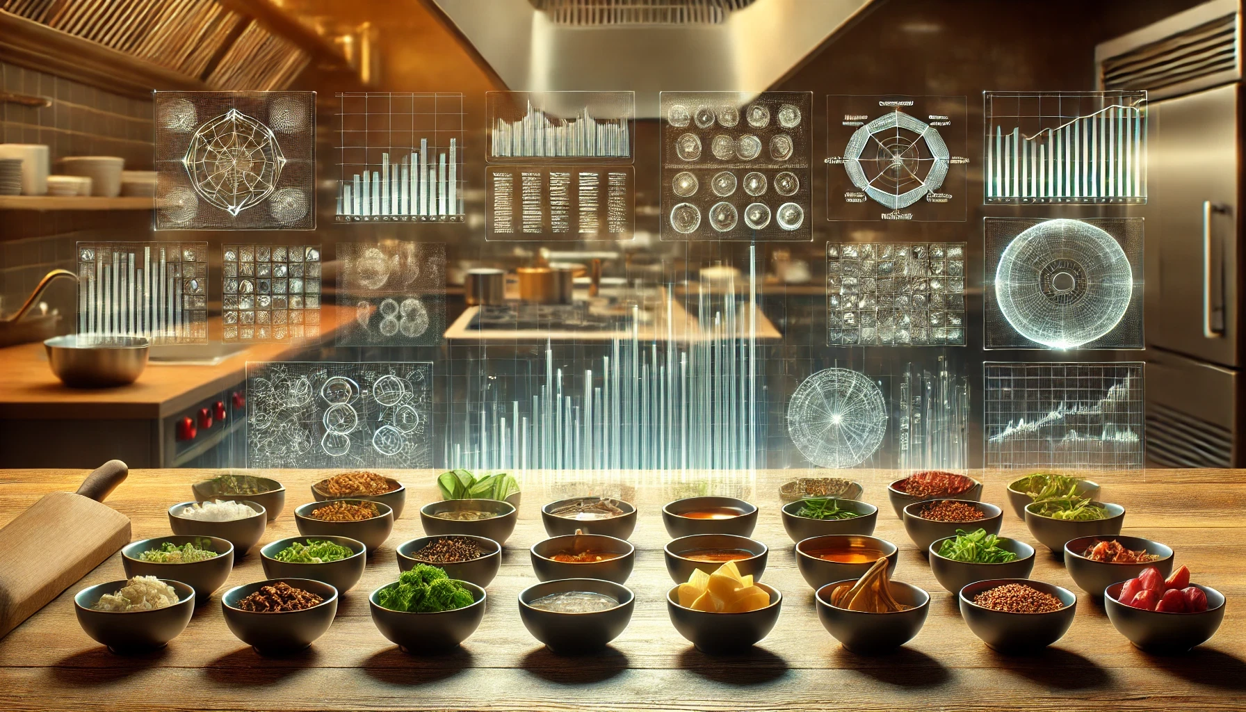 A professional kitchen scene showcasing meticulously organized ingredients in multiple rows of small bowls, illustrating the concept of 'mise en place.' The background features a futuristic, holographic display of data charts and graphs, blending culinary precision with data engineering. The kitchen is sleek and modern, with warm lighting emphasizing the preparation process. The holographic charts float subtly behind the ingredients, displaying trends, analytics, and structured datasets, seamlessly merging the worlds of cooking and data engineering. No human presence in the scene. No words or text present in the image.